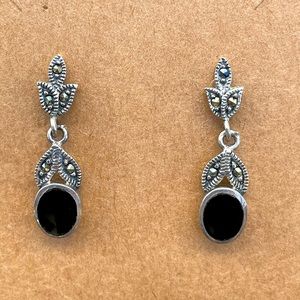 Silver & black onyx dangling stud earrings